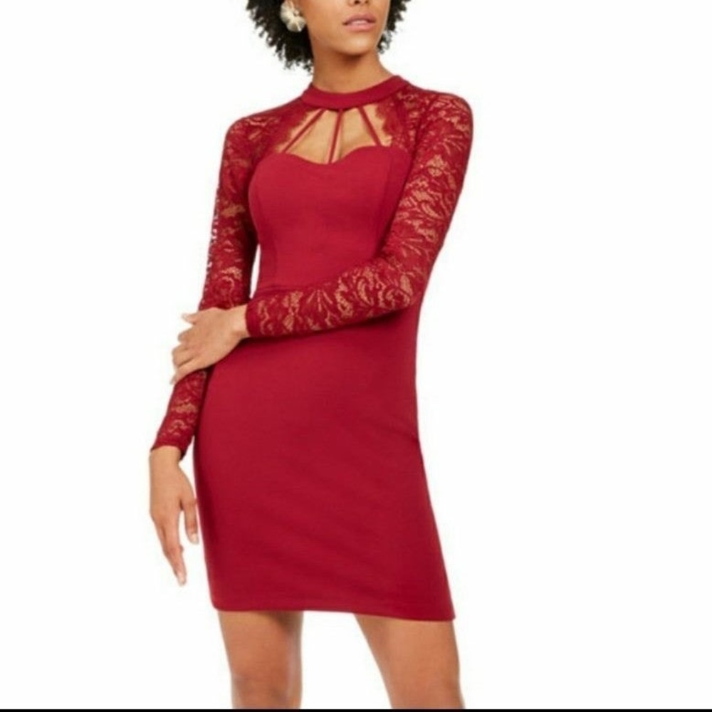 GUESS Womens Red Lace Cut Out Long Sleeve Mock Short Sheath Cocktail Dress
